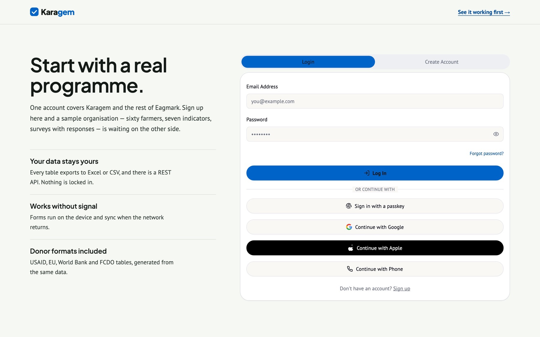 Sign in on Karagem’s own domain. Passkeys are supported on devices that offer them.