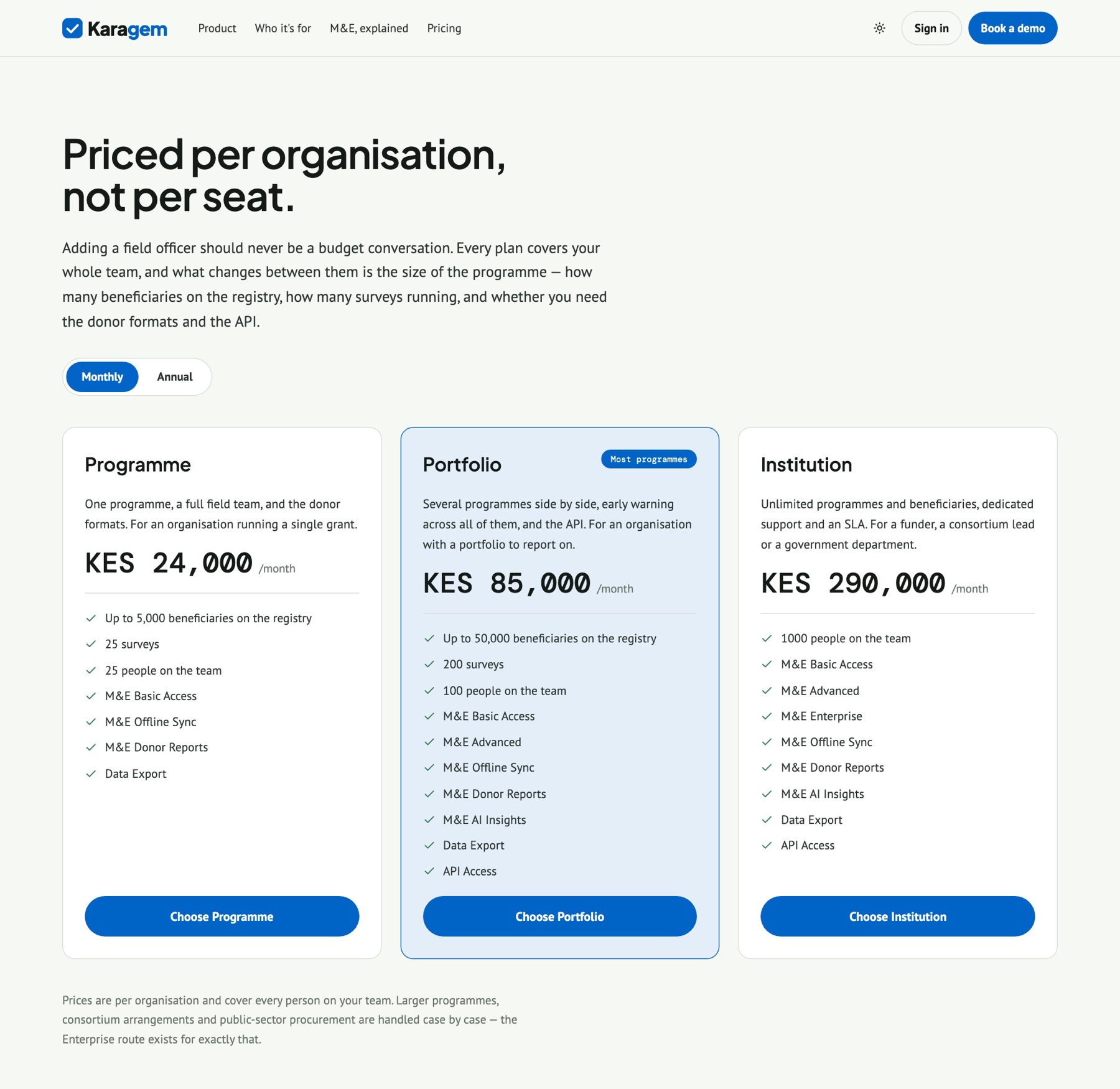 me.eagmark.net/upgrade-plan: plans priced per organisation and scaled by programme size — beneficiaries on the registry, surveys running, donor formats and the API — not by the number of people on the team.