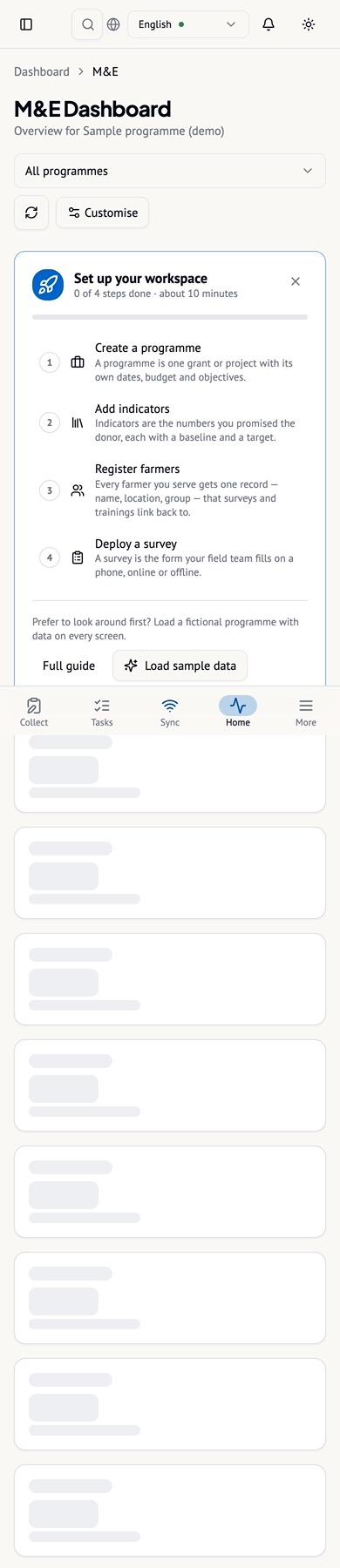The dashboard on a phone. Every screen in Karagem is usable at 360 pixels wide with 44-pixel tap targets.