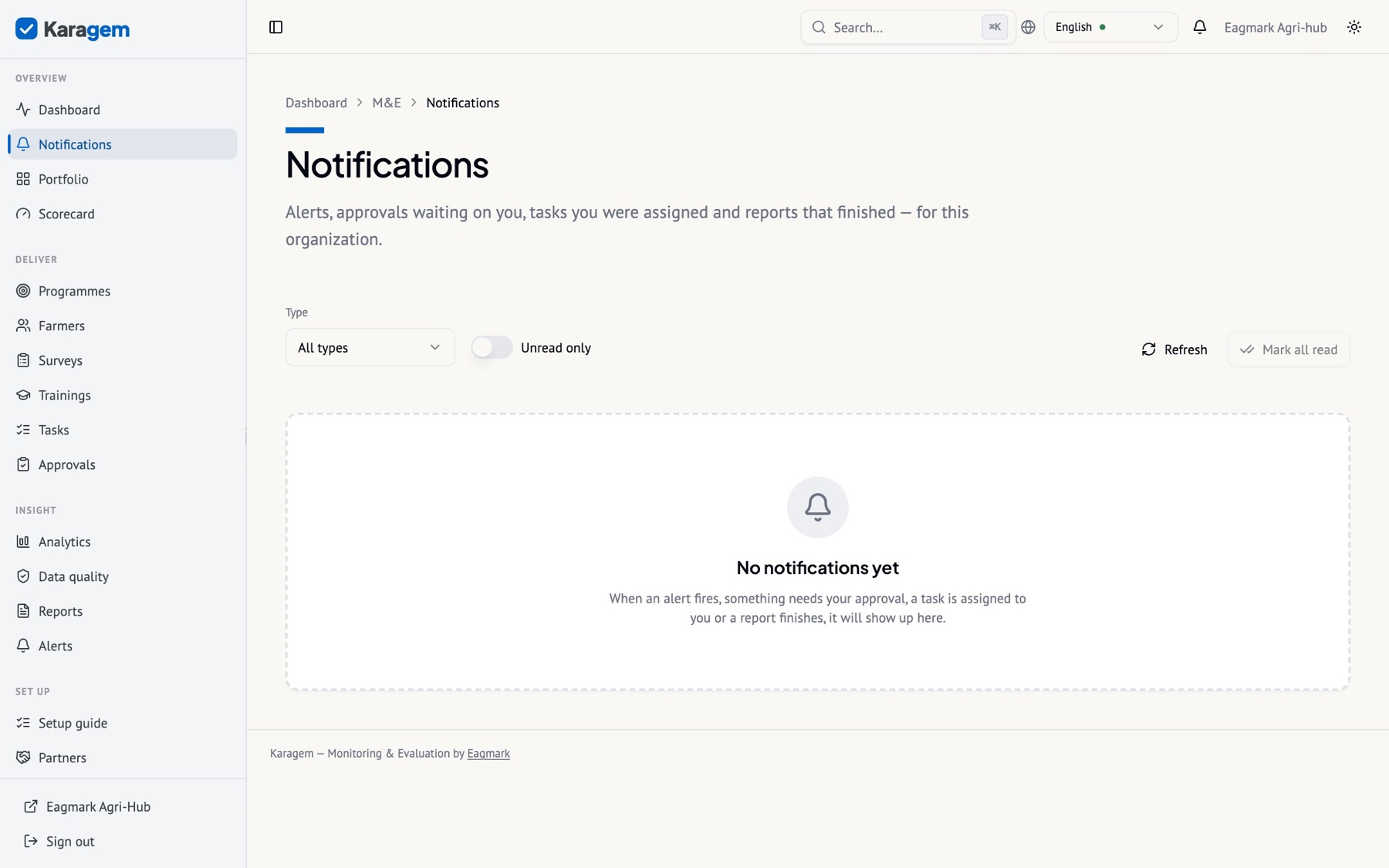 The notification centre: alerts, approvals, tasks, mentions, reports and system messages, with per-type preferences and an optional daily digest.