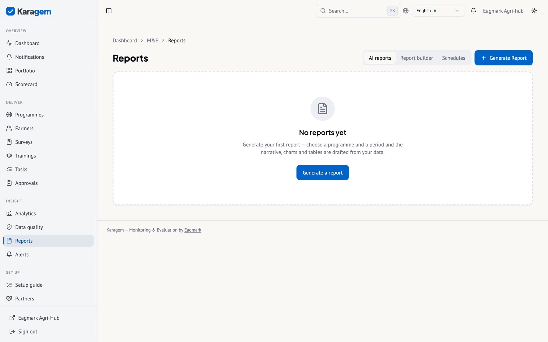 Reports: one-click donor templates, an AI narrative that reads the actual data, a click-to-build report tool, schedules, and DOCX/XLSX export.