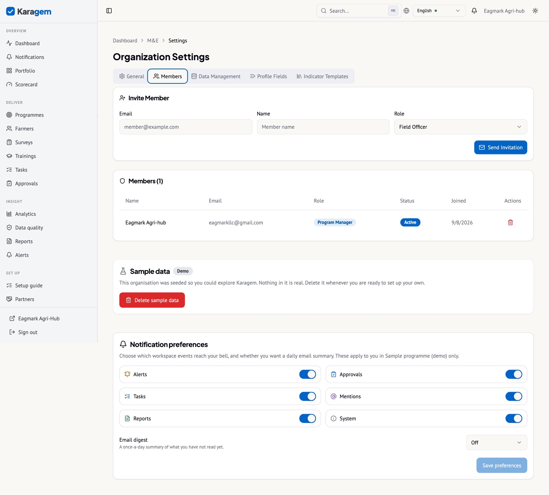 Settings → Members: invite by email with an organisation role, remove members, and see who holds programme-specific roles.
