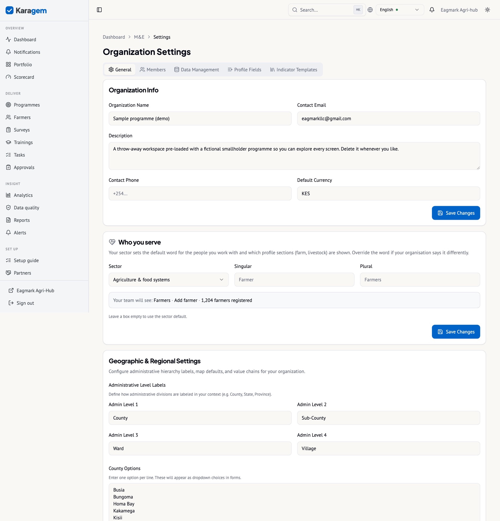 Settings: organisation details, members, the beneficiary vocabulary and custom profile fields, data management, report templates, notifications, language and sample data.