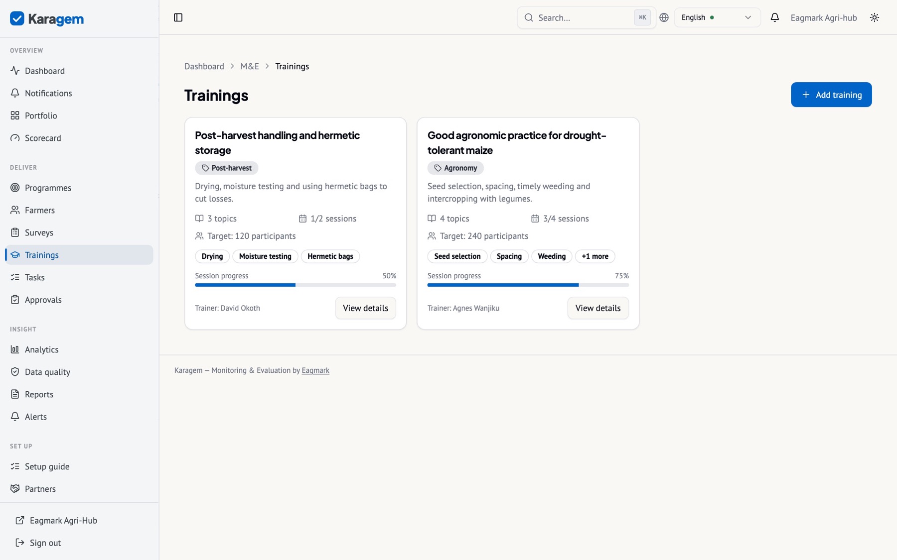 Trainings: curricula with sessions, capacity, venue and attendance. Attendance can be taken by the trainer, by scanning, or by participants checking themselves in on a link.